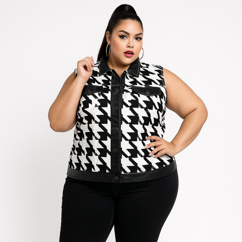 DIAMONDS & THREADS Large Houndstooth Print Vest Faux Leather Trim Black White 2X
